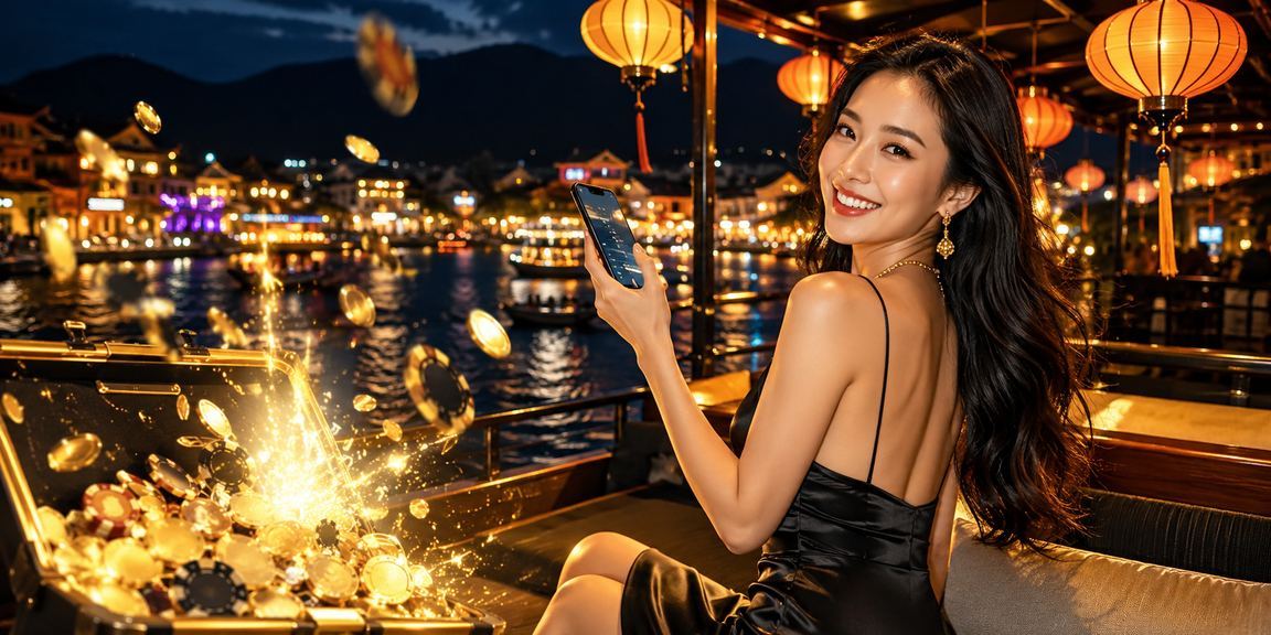 Người dùng trải nghiệm casino mobile tại chợ đêm Hội An với ánh đèn lồng lung linh