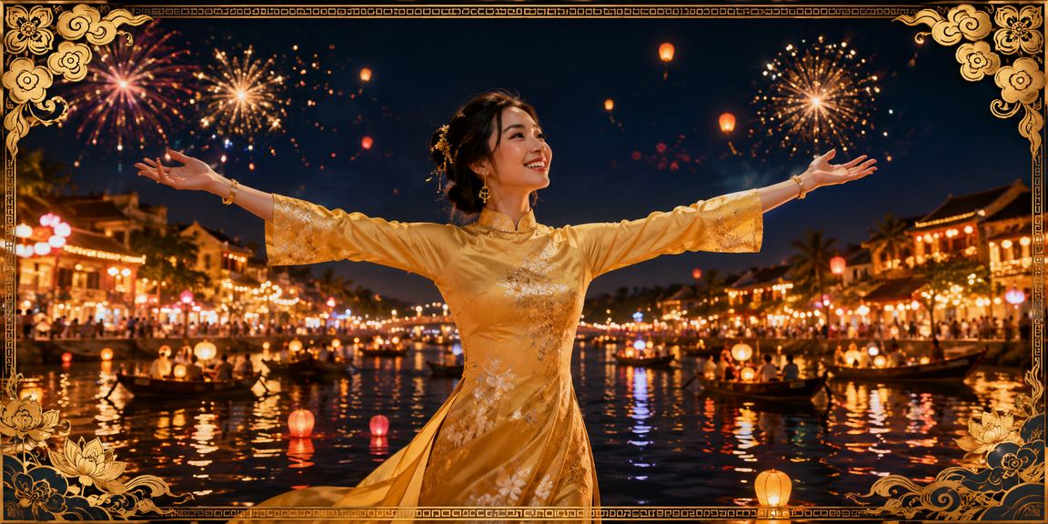 Không khí lễ hội Hội An với người dùng tham gia xổ số và ưu đãi trực tuyến mùa lễ Tết